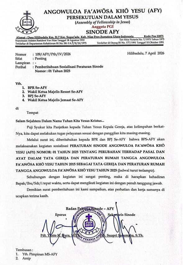 Pemberitahuan Sosialisasi Peraturan Sinode Nomor: 01 Tahun 2025